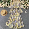 Yellow & Purple  Floral Printed Long Sleeves Midi Dress with Strings In Back