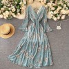 Blue Green Floral Printed Long Sleeves Midi Dress with string in back