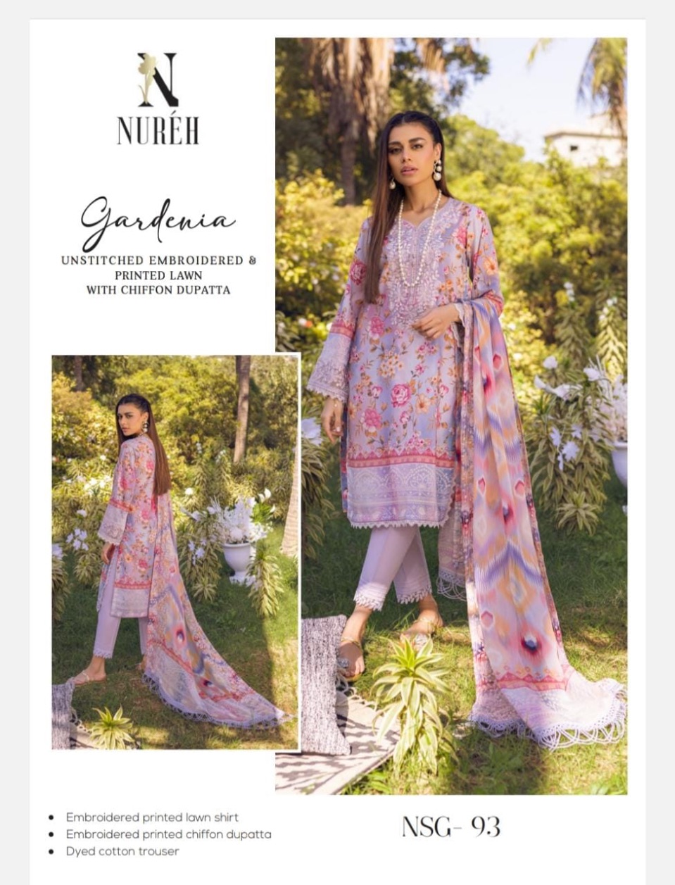 Unstitched Embroidered & Printed Lawn with Chiffon Dupatta.