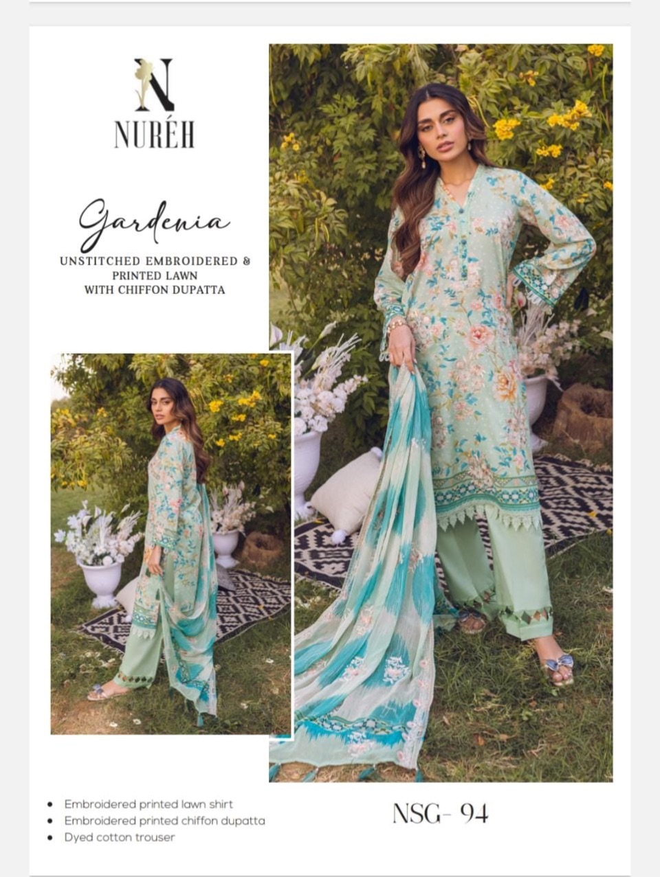 Unstitched Embroidered & Printed Lawn with Chiffon Dupatta