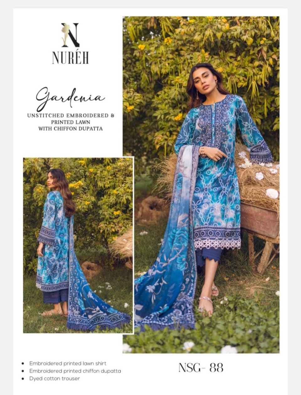 Unstitched Embroidered & Printed Lawn with Chiffon Dupatta.
