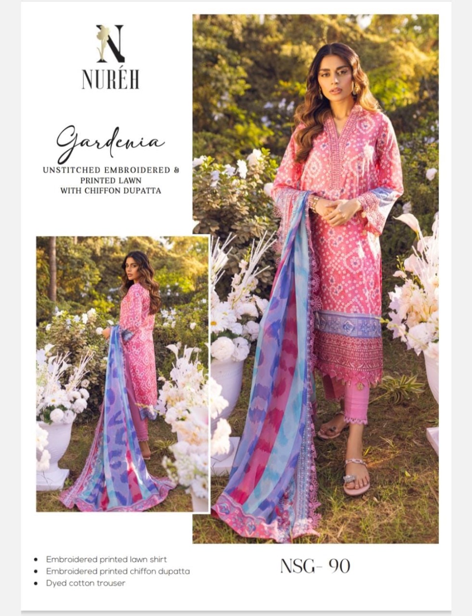 Unstitched Embroidered & Printed Lawn with Chiffon Dupatta.
