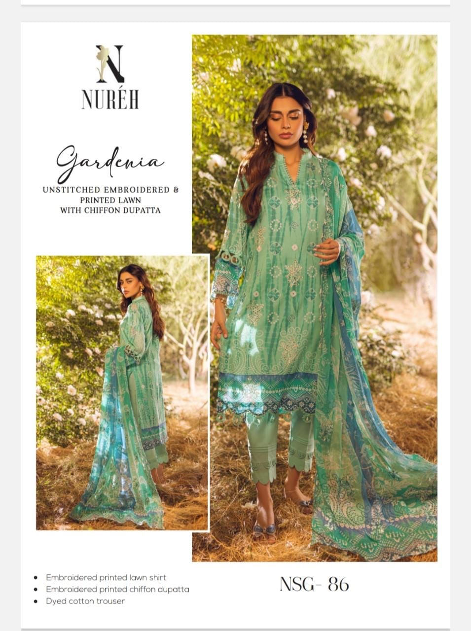 Unstitched Embroidered & Printed Lawn with Chiffon Dupatta.