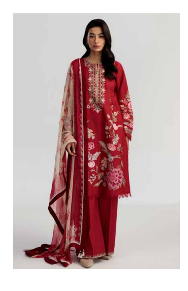 Red Unstitched Embroidered Printed Lawn with chiffon /lawn Dupatta - New coco by Zara Shajhan