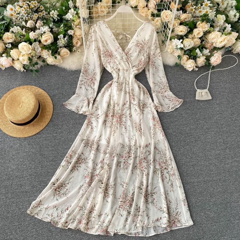 White & Beige floral printed midi dress with string in back