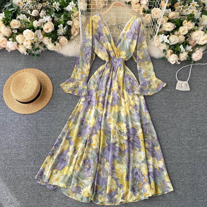 Yellow & Purple Floral Printed Long Sleeves Midi Dress with Strings In Back