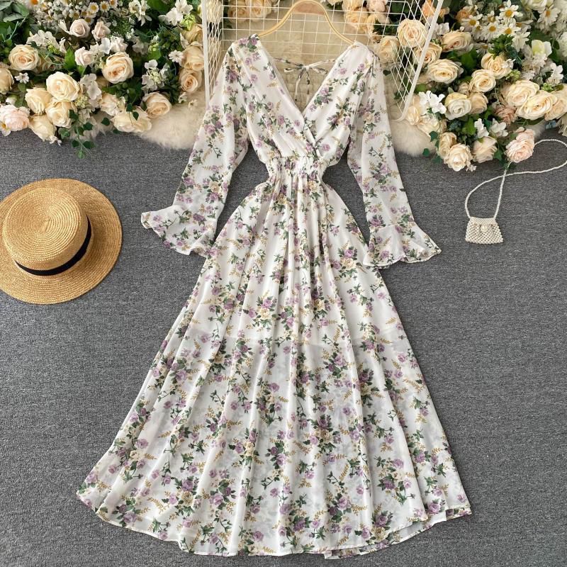 White Floral Printed Long Sleeves Midi Dress with Strings In Back