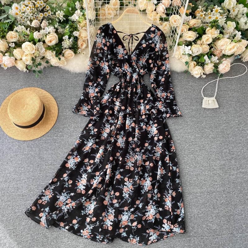 Black Floral Printed Long Sleeves Midi Dress With String In Back