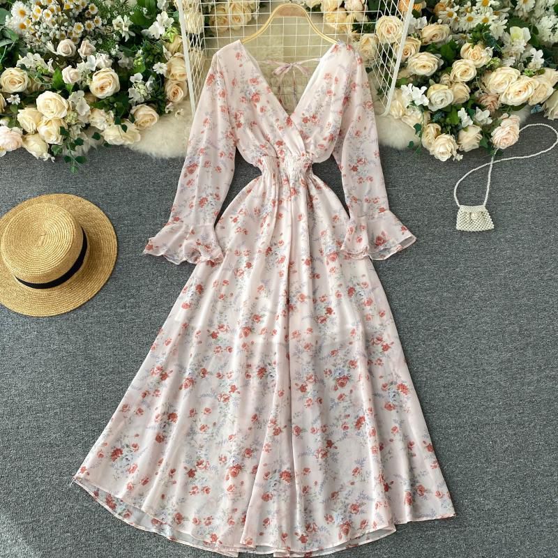 White Beautiful Floral Printed Long Sleeves Midi Dress