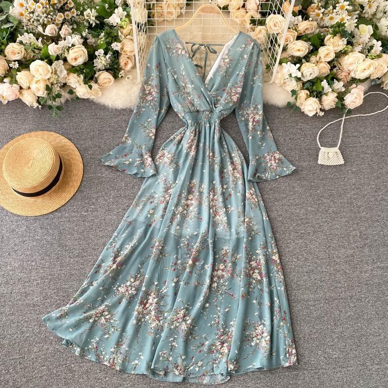 Blue Green Floral Printed Long Sleeves Midi Dress with string in back