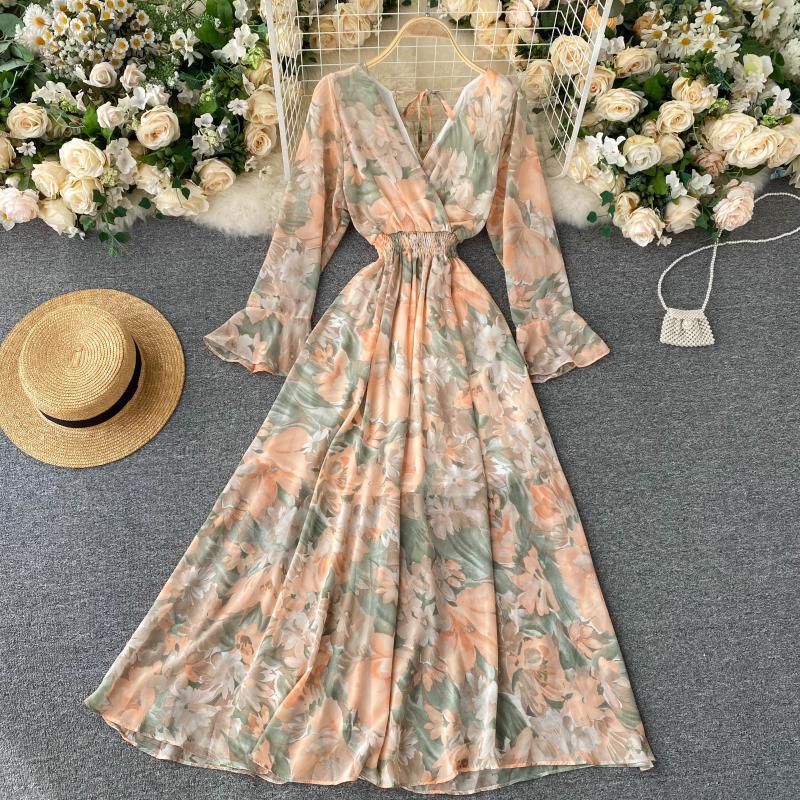 Peach and Mint Green beautiful floral printed long sleeves midi dress