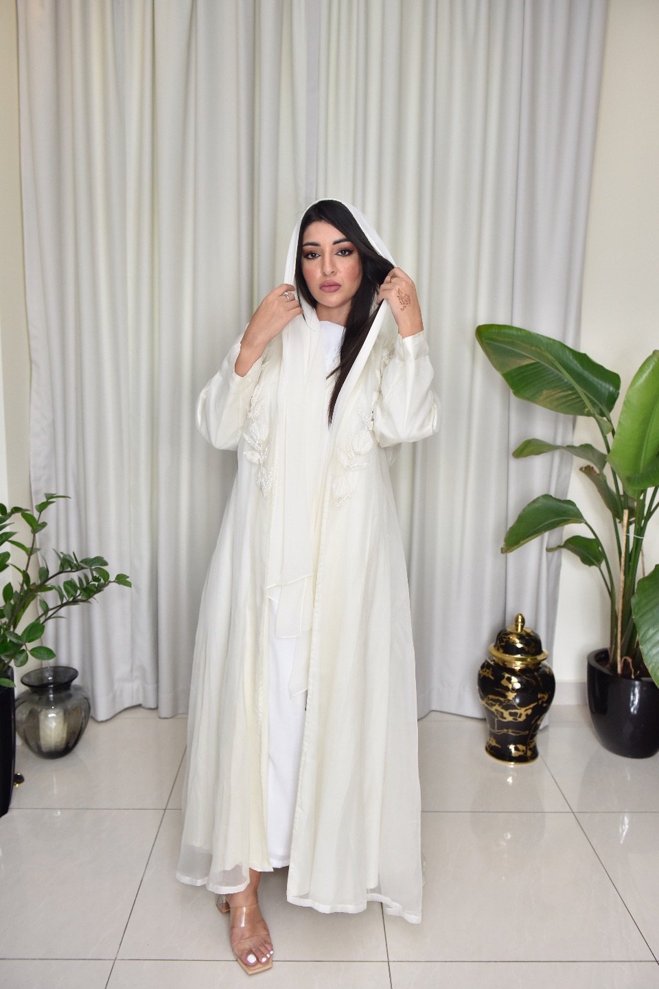 Designer white & beige Abaya with inside dress & scarf