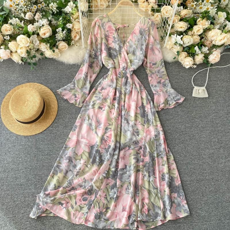 Multicolour Beautiful Floral Printed Long Sleeves Midi Dress
