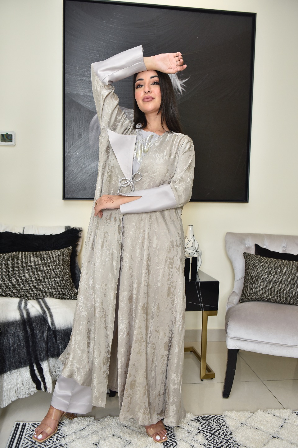 Designer self printed double side fabric Abaya with dress inside