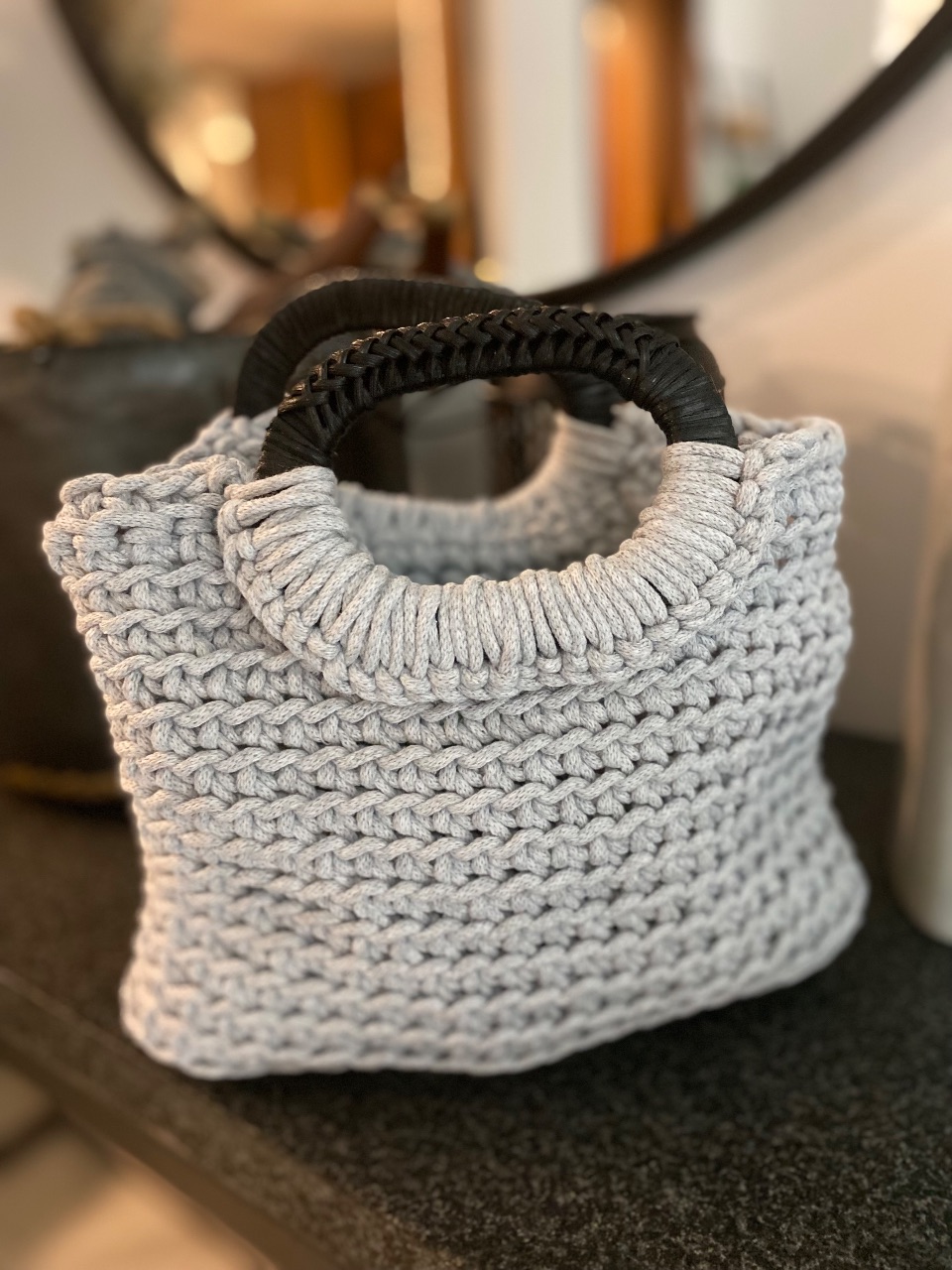 White crochet  bag with black  wooden handle