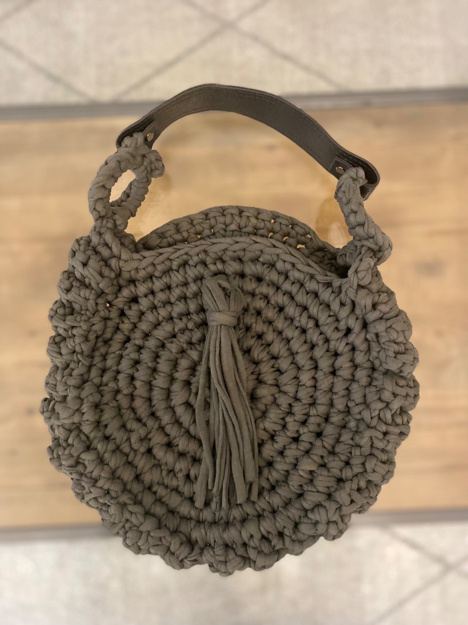 Handmade  crochet bag  circular shape with  leather handle